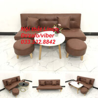 Bộ ghế sofa giường sofa bed simili giả da màu nâu cafe giá rẻ Nội thất Linco HCM