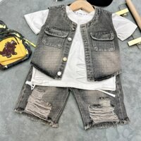 Bộ gile jean 3 chi tiết( áo phông+ gile+ quần ) chất jean mềm mại phù hợp cho bé đi chơi đi du lịch size 10-30kg