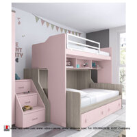 Bộ giường tầng em bé tông màu hồng có tủ phía dưới-Bàn học-kệ treo