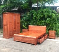 Bộ giường tủ áo gỗ Xoan Đào Lào ( giường ô kéo - tủ áo lá sách )