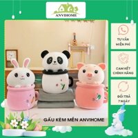 Bộ gối kèm mền hình cốc đựng Gấu trúc, Heo, thỏ 2 trong 1 siêu đáng yêu ANVIHOME (Bộ chăn gối văn phòng)