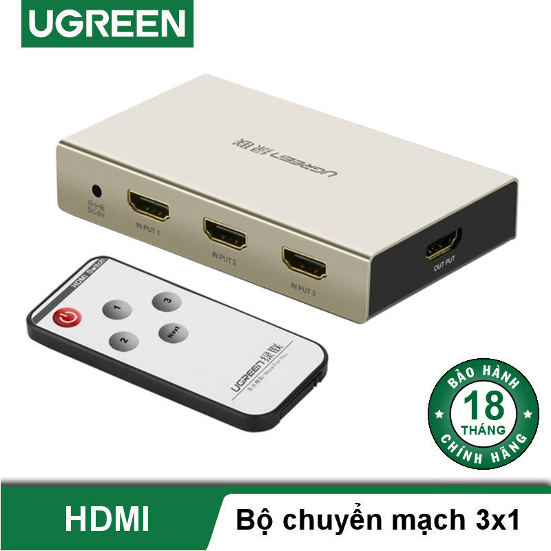 Bộ gộp HDMI 3 vào 1 ra hỗ trợ 3D 4K Ugreen 40278