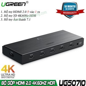 Bộ gộp HDMI chuẩn 2.0 5 vào 1 ra hỗ trợ 4K 60Hz Ugreen 50710