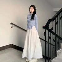 Bộ Hai Chiếc Áo Sơ Mi Dài Tay Sọc Xanh Phong Cách Học Đường Chân Váy Trắng Chữ A Cạp Cao Tôn Dáng Mùa Thu Cho Nữ