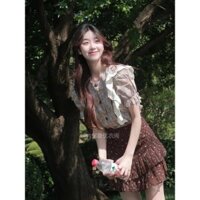 Bộ Hai Chiếc Áo Sơ Mi Tay Bay Hoa Nhỏ Cổ Điển Kiểu Mỹ Chân Váy Bèo Tầng Cạp Cao Mẫu Mới Mùa Hè Cho Nữ