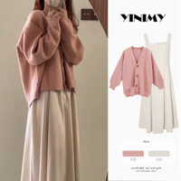 Bộ Hai Chiếc Váy Chữ A Dáng Quả Lê, Áo Cardigan Màu Hồng Mẫu Mới Mùa Thu