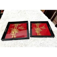 Bộ hai khay sơn mài Thanh Bình Lê cành trúc dát vàng đẹp mắt, sang trọng, quà tặng ý nghĩa