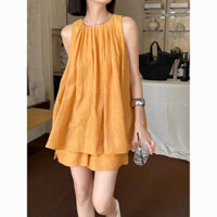 Bộ hai mảnh áo camisole + quần short, trang phục mùa hè mới cho phụ nữ, bộ cotton-linen, áo vest không tay có thể gập lại, quần short mỏng rộng hai mảnh, màu sắc đồng nhất