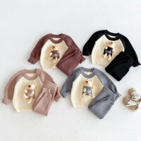 Bộ hai mảnh cho bé Búp bê gấu Màu sắc tương phản Áo cổ tròn dài tay + Quần Nam Nữ Bộ đồ bánh quế cho bé