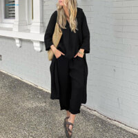 Bộ hai mảnh nhẹ Bộ hai mảnh cổ chữ V cổ điển và quần lưng co giãn dành cho nữ Combo áo và quần không đều sành điệu để mặc giải trí 2 chiếc / bộ