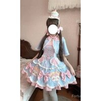Bộ hai món váy dây đeo eo có nơ chấm bi, áo choàng trẻ trung ngọt ngào kiểu Lolita