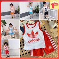 Bộ hè cho bé 7-10 tuổi in chữ adidas, Đồ bộ ba lỗ bé trai và bé gái vải cotton thoáng mát khỏe khoắn
