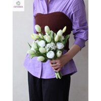 Bó hoa cô dâu cầm tay từ hoa tulip cao su và lụa siêu bền CEVERIA