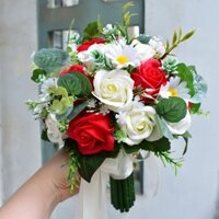 BÓ HOA CƯỚI CẦM TAY CÔ DÂU ĐỎ MIX TRẮNG