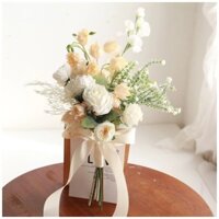 Bó hoa cưới cầm tay cô dâu, phụ kiện chụp ảnh tông màu  trắng, kem