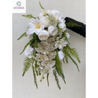 Bó hoa cưới cầm tay cô dâu hình giọt nước xanh trắng CEVERIA lan xoăn và dương xỉ