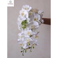 Bó hoa cưới cô dâu kiểu dáng cong thác đổ hoa lan cao su và hoa lụa CEVERIA