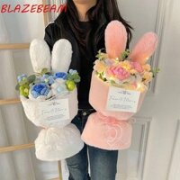 Bó hoa dệt kim sang trọng BLAZEBEAM, Hoa móc hoàn thiện dệt kim hoa hồng, Hình dạng tai thỏ đầy màu sắc Phim hoạt hình Vải dễ thương Quấn hoa tốt nghiệp