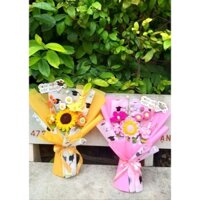 Bó hoa len hướng dương 2 tầng 2 màu vàng và hồng gói theo yêu cầu