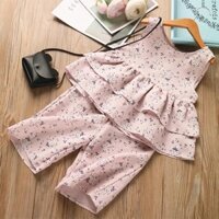 Bộ hoa nhí thân áo bèo tầng, quần ống sớ vải thô đũi bé gái