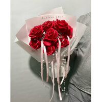 Bó hoa sáp 10 bông hồng to kết hợp cùng dây ruy băng ren và dây ngọc - Hoa Nem