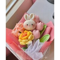 Bó hoa thỏ con kèm các loại hoa bằng len, Bó hoa tặng 8/3, Bó hoa handmade