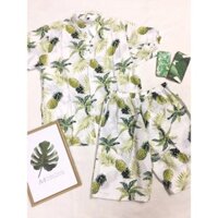 Bộ họa tiết hoa quả đồng phục nhóm cty chất đũi đi biển du lịch (áo + quần)