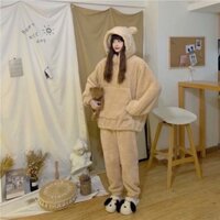 Bộ hoodie lông cừu mũ tai gấu túi trước siêu ấm áp cho mùa đông không lạnh thời trang hàn quốc
