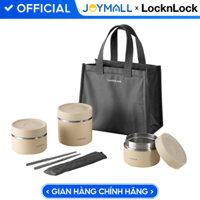 Bộ hộp cơm giữ nhiệt LocknLock Lunch Box LHC8052S02, Hàng chính hãng, 3 hộp giữ nhiệt, kèm túi và bộ muỗng đũa - Màu Be - LHC8052S02B