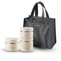 Bộ hộp cơm giữ nhiệt Pump vacuum lunch box LocknLock LHC8052S02B - 5pcs 3 hộp, 1 túi, 1 bộ muỗng đĩa - Màu ngà