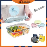 Bộ Hộp Cơm Thủy Tinh 3 Ngăn Cao Cấp - Kèm Túi Xách , Bát Tròn đựng canh và Đũa Thìa inox  Giao Mầu Ngẫu Nhiên