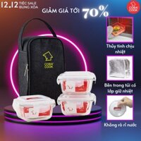 Bộ Hộp Đựng Cơm Thủy Tinh COBA'COOK 3 Hộp Vuông 320ml Và 1 Túi Giữ Nhiệt Với 2 Khóa Kéo - CCS33BL