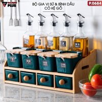 Bộ Hộp Đựng Gia Vị Gốm Sứ Xanh Ngọc Lục Bảo | Kèm Kệ Gỗ & Bình Đựng Dầu Thuỷ Tinh Cao Cấp