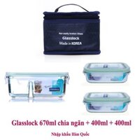 Bộ hộp thủy tinh GLASSLOCK chia ngăn 670ml + 02 hộp 400ml và túi giữ nhiệt