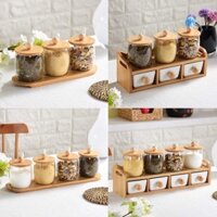 Bộ hũ lọ đựng gia vị thuỷ tinh nắp gỗ có núm cầm phong cách Vitage