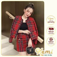 Bộ jum Dạ Tweed áo quây khoét eo liền quần ống rộng cào rách, phong cách sang chảnh Kemi