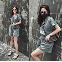 Bộ jumpsuit Jean Quảng Châu thời trang nữ ngắn tay có túi kèm nịt phong cách retro Women