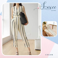 Bộ Jumpsuit nữ dài kẻ đồ liền thân cổ V kèm dây đai lưng cao ống rộng chất kate hàn co giãn nhẹ SanieeClothes