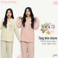 Bộ kẻ caro áo dài quần dài chất thô đũi mềm mại bộ dài nữ mặc nhà xinh