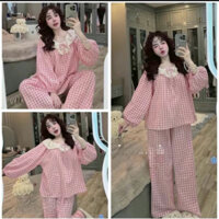 Bộ kẻ caro tiểu thư, bộ mặc nhà phối ren xinh cho nữ