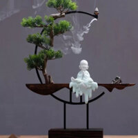 Bộ kệ gỗ thác khói và tượng chú tiểu ngồi niệm phật kèm phụ kiện 7 món