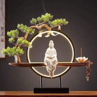 Bộ kệ gỗ trang trí Quan Âm đèn Led vòng tròn [Tặng 3 phụ kiện] thác khói trầm hương đèn Led Giava decor