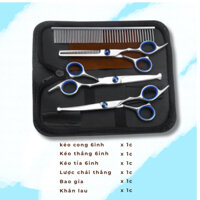 Bộ kéo cắt tỉa lông cho chó mèo 4 món ( kéo cong + kéo thẳng + kéo tỉa + lược , 1 khăn lau kéo ) Kèm bao da Siha Petshop