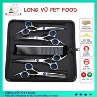 Bộ kéo cắt tỉa lông cho chó mèo 4 kéo 1 lược kèm bao da, kéo cắt lông chó mèo - Long Vũ Pet Food