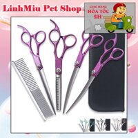 Bộ Kéo Cắt Tỉa Lông Chó Mèo Cán Tím Dài 7 INCH Full 4 Sản Phẩm Siêu Bền & Sắc Bén kèm vỏ bao da