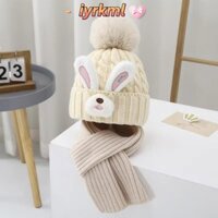 Bộ khăn quàng cổ mũ trẻ em IYRKML793, Mũ len một mảnh hoạt hình tai thỏ, Mũ tai cổ lông thú giả dày chống gió thời trang mùa đông