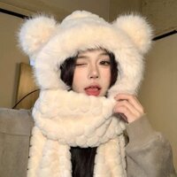 Bộ khăn quàng cổ và mũ gấu dễ thương cho phụ nữ mùa đông, bộ hai mảnh với lớp lót lông cừu, bảo vệ tai ấm, ấm cổ có mũ và găng tay