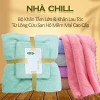 Bộ Khăn Tắm Lớn & Khăn Gội Đầu Vải Nhung Cao Cấp Siêu Mềm Mịn Màu Xanh Sweet Mint