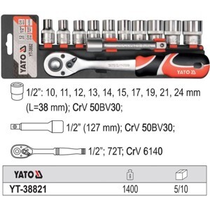 Bộ khẩu tuýp Yato YT 38821, 1/2 inch 12 chi tiết