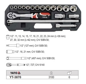 Bộ khẩu và cần xiết lực YT-3870, 18 Cái 1/2"